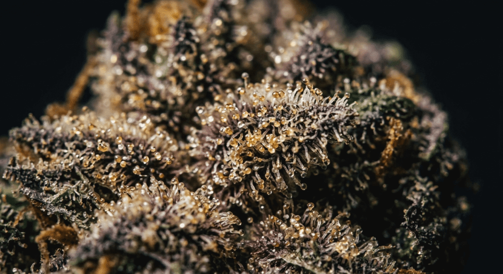  Macro detail of trichomes on hemp flower showing terpene-rich hybrid genetics