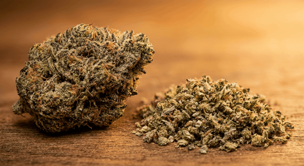 Whole THCa flower bud beside freshly ground cannabis